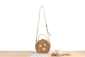 Détail du sac rond en paille avec broderie florale, poignée perle et bandoulière