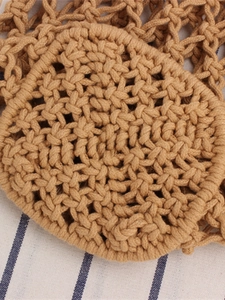 Bohemian khaki hand-woven hollow mesh tote bag with circular crochet detail for summer beach