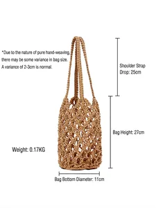 Handmade crochet summer beach tote bag in khaki net design with specific size dimensions