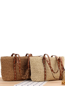 Women Woven Shoulder Bag Handcrafted Paper Rope Tassel PU Leather Strap Summer Beach Tote Casual Vintage Fashion