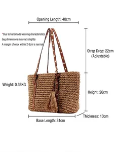 Handwoven straw tote bag with brown leather straps and tassels, 40cm beach bag dimensions