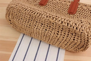 Detailed view of handmade woven paper rope tote bag base with leather reinforcement