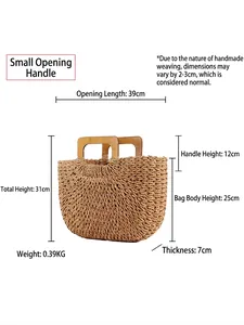 Sac fourre-tout en paille tissé à la main avec poignées en bois et dimensions précises