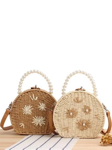 Sac Rond En Paille Tissé Avec Poignée En Künstliche Perles Et Broderie Florale Sac À Bandoulière Vacances D'été Pour Femmes