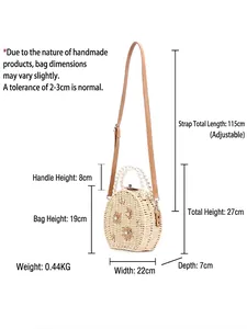Sac rond en paille tissé main avec poignée en perles, broderie de tournesol et sangle