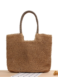 Handmade Woven Shoulder Bag Paper Straw Large Capacity Beach Holiday Summer Tote With Striped Handles Zipper Closure
