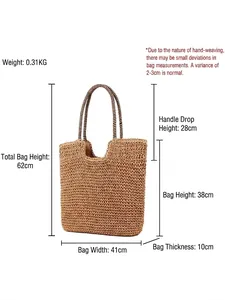 Handwoven straw shoulder bag in beige with detailed size chart for summer beach use