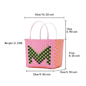 Handwoven basket tote bag with M logo, colorful vacation beach style with dimensions