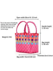 Mini borsa intrecciata a mano per bambini con strisce rosa colorate, dimensioni 15x15x9cm