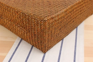 Close-up of retro hand-woven straw bag showing intricate brown natural fiber texture