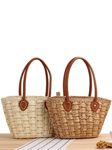 French Retro Straw Woven Tote Bag Paper Rope Basket Handbag Leather Handle Zipper Closure Summer Vacation Casual Women
