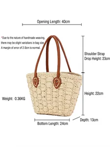 Handmade checkered straw tote bag with brown leather handles and dimensions shown