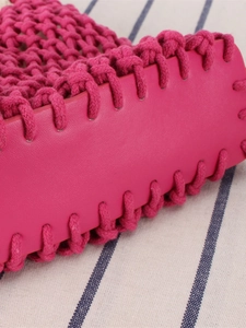 Handmade woven macaron cotton rope beach tote bag in magenta with durable leather base