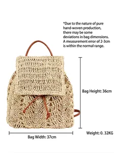 Handmade woven backpack in beige paper rope with dimensions of 36cm height and 37cm width