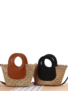 Woven Straw Crossbody Bag Women Natural Grass Handwoven Round Handle Summer Beach Vacation Casual Tote Leather Trim