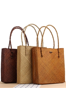 Vintage Straw Woven Shoulder Bag Natural Grass Tote Pastoral Style Beach Vacation Handbag For Women With Wooden Toggle