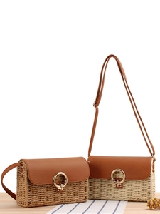 Women Woven Paper Crossbody Bag With PU Leather Flap And Round Metal Buckle Casual Beach Vacation Shoulder Bag