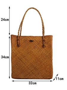 Forest style vintage woven straw shoulder bag for beach with wooden buckle and dimensions