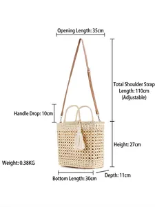 Minimalist beige paper rope woven beach bag with hollow design and tassel charm