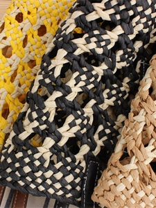 Handmade woven beach bag in three colors featuring hollow-out mesh paper straw patterns