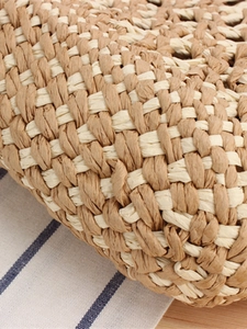Handmade woven shoulder beach bag featuring khaki and cream contrast paper rope texture