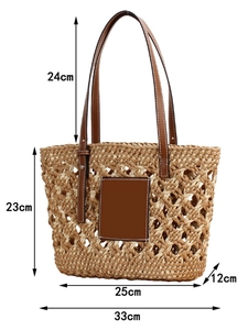 Handmade woven beach shoulder bag with mixed brown and beige colors and leather straps