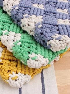 Checkered cotton woven coasters with wooden handles and floral lace edges in three colors