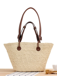 Large Woven Paper Straw Tote Bag With Leather Handles Summer Beach Vacation Fashion Shoulder Bag For Women Handwoven