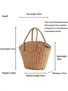 Handmade woven paper rope beach bag with size chart and natural wood-colored straw design