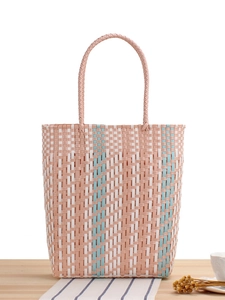 Striped Plastic Woven Tote Bag Waterproof Lightweight Beach Shopping Handbag For Women Handmade Fashion Shoulder Bag