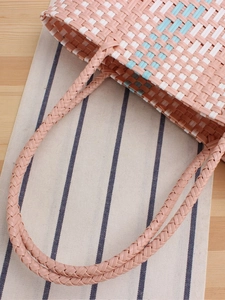 Pink blue striped woven waterproof plastic tote bag with sturdy braided top handles