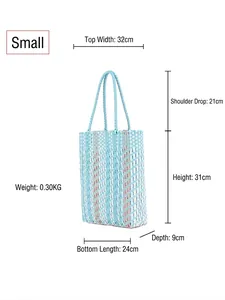 Blue and white striped woven tote bag dimensions with detailed size labels and strap length
