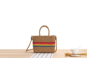 Detailed macro view of rainbow striped paper rope weave with durable handles and strap