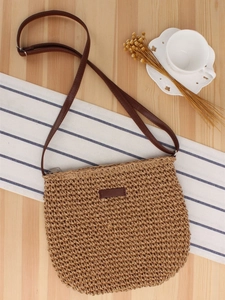 Woven Crossbody Bag Paper Rope Handcrafted Adjustable PU Strap Zipper Closure Summer Beach Fashion Casual For Women
