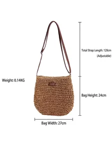 Handmade paper rope woven crossbody bag in brown with adjustable strap and 27cm width