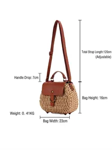 Minimalist beige straw shoulder bag with brown leather flap and adjustable strap dimensions