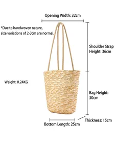 Handmade woven straw beach bag for women with detailed size measurements and lightweight design