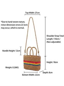 Rainbow striped straw woven crossbody bag for summer beach holidays with size details