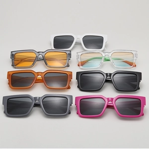 Matrix layout of retro thick rectangle sunglasses in seven vibrant diverse color options
