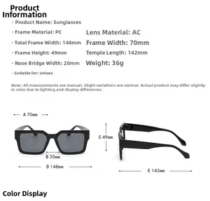 Detailed technical specifications for square frame sunglasses with size dimensions in millimeters