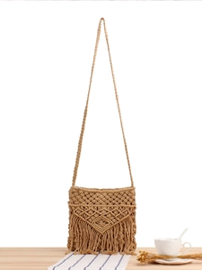 Böhmische Handgefertigte Gewebte Baumwollseil Umhängetasche Mit Fransen Quasten Geometrisches Muster Retro Schultertasche Damen