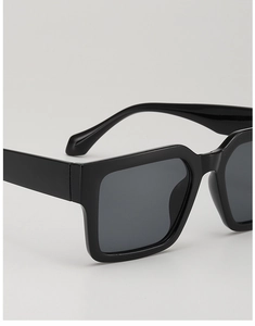 Detail of trendy thick frame sunglasses showing smooth hinge and glossy black finish