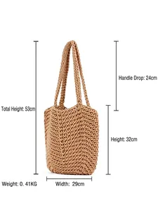 Handmade khaki woven cotton bucket bag with shoulder straps and solid color knit texture