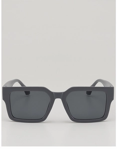 Detailed view of matte dark grey thick square frame sunglasses with non-transparent lenses
