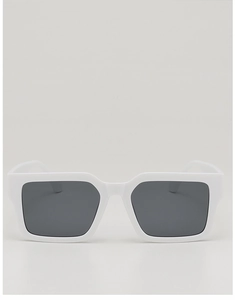 Front view detail of chunky white square sunglasses with dark lenses and thick frame