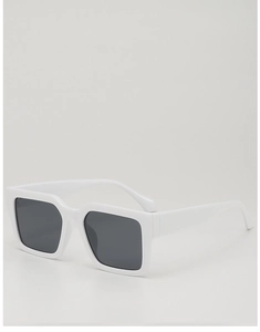 Detail of trendy white oversized square sunglasses with dark grey lenses and glossy frame