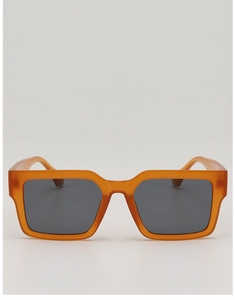 Front view of thick square orange sunglasses frame with dark gray lenses in retro style