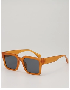 Detail of trendy thick square orange translucent frame sunglasses with dark lenses