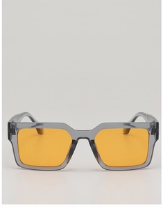 Close-up of trendy square sunglasses with transparent grey frames and orange lenses