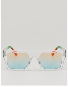 Detailed close-up of chunky square frames with vibrant orange and blue gradient lenses
